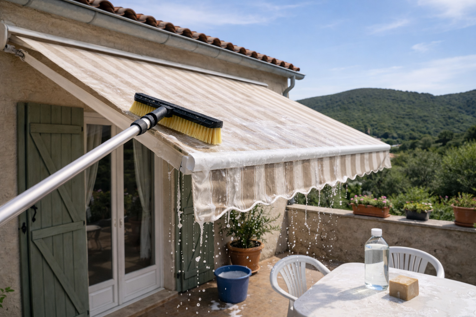 Nettoyage d'une toile de store banne avec brosse et savon de Marseille