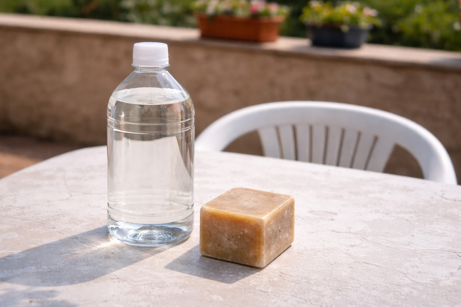 Produits adaptés au nettoyage d'un store banne : savon de Marseille et vinaigre blanc