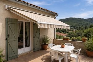 Store banne déployé sur une terrasse ensoleillée dans le Sud de la France