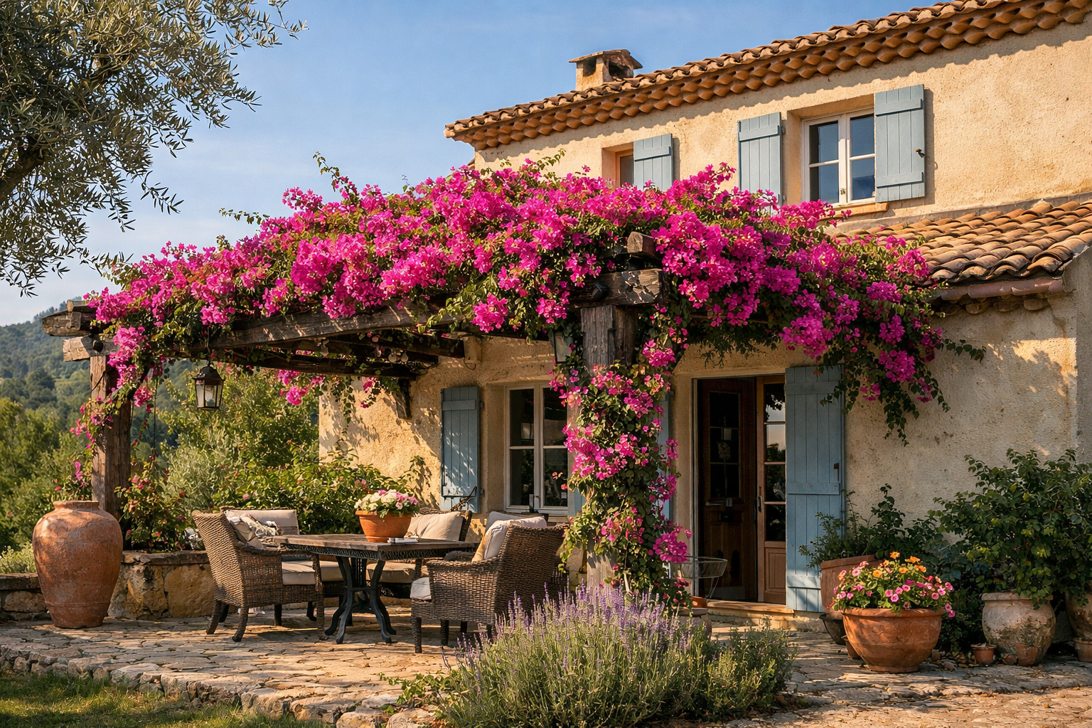 Bougainvillée en floraison sur une façade dans le Sud de la France — fleurs fuchsia ou rouge foncé