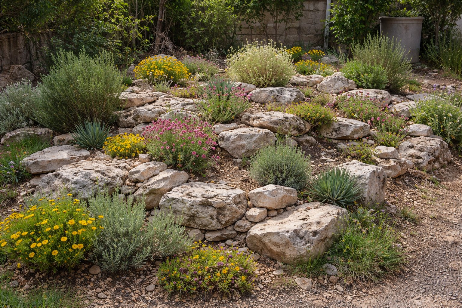 Jardin en rocaille méditerranéen avec enrochement et plantes adaptées à la sécheresse