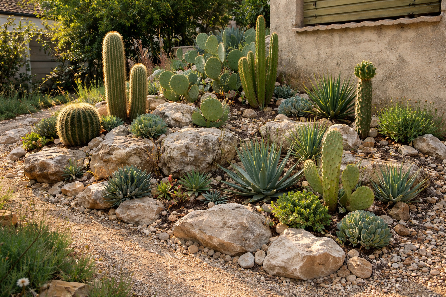 Plantation de plantes succulentes entre les pierres d'une rocaille méditerranéenne