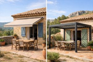 Comparaison store banne et pergola sur une terrasse dans le Sud