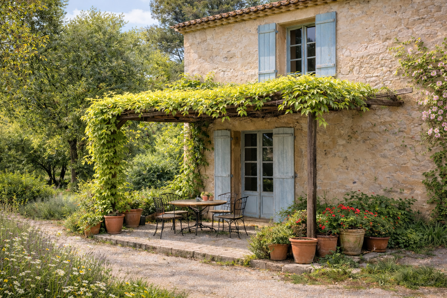 Vigne vierge sur tonnelle de terrasse dans le Sud — feuillage dense créant une ombre efficace en été