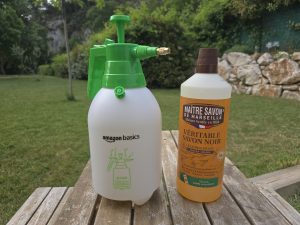 Pulvérisateur à pression et bouteille de savon noir pour traiter les pucerons au jardin