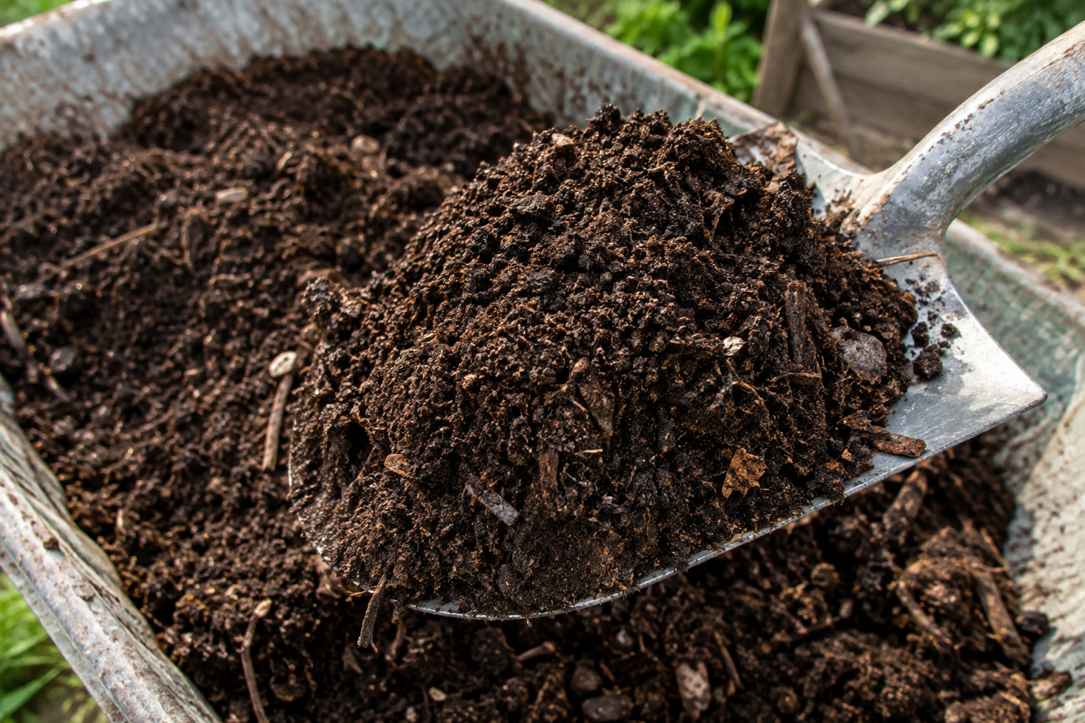 Compost mûr, sombre et homogène, dans une brouette avant épandage