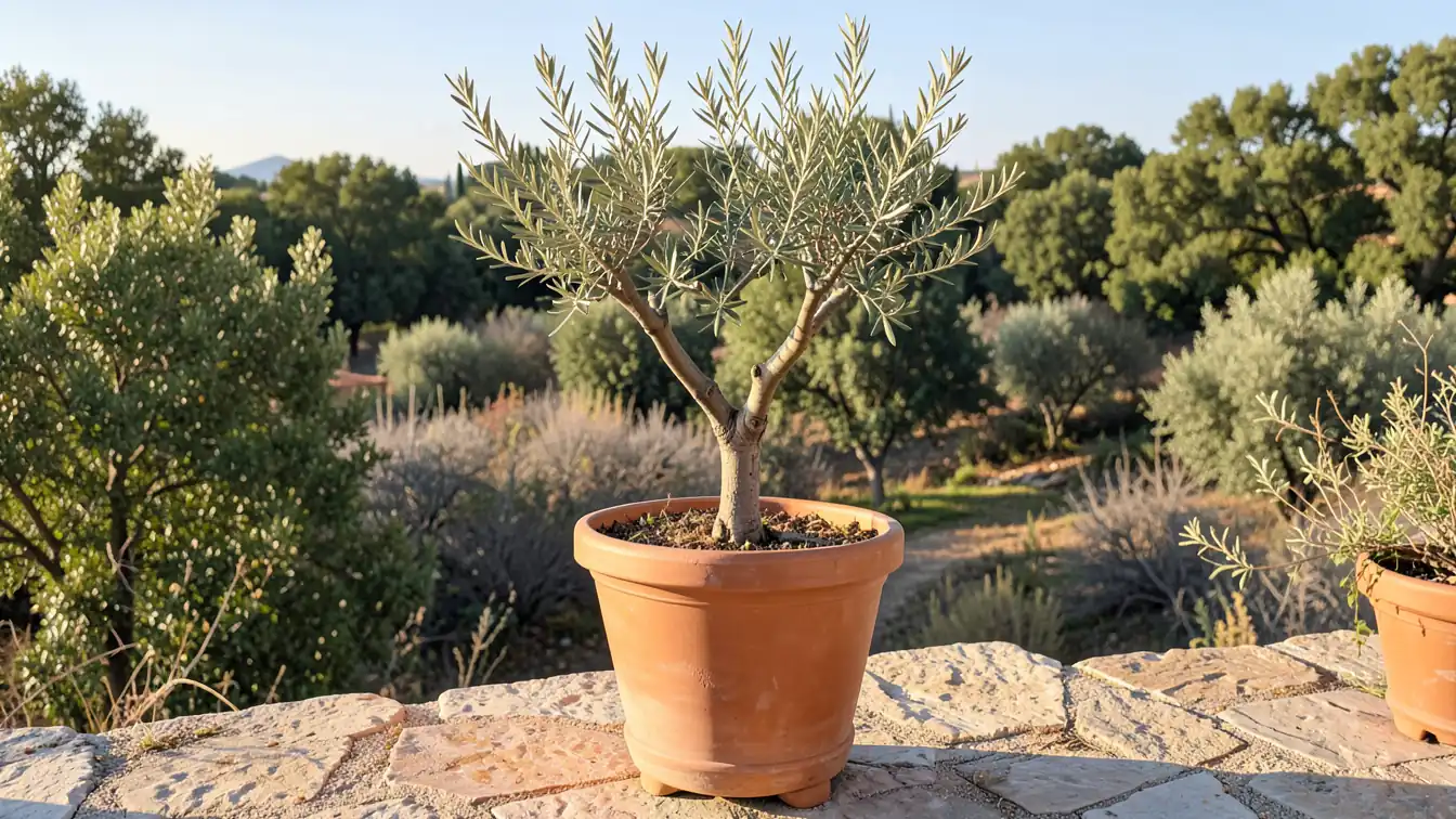Jeune olivier dans un grand pot en terre cuite sur une terrasse en pierre, dans un jardin du Sud