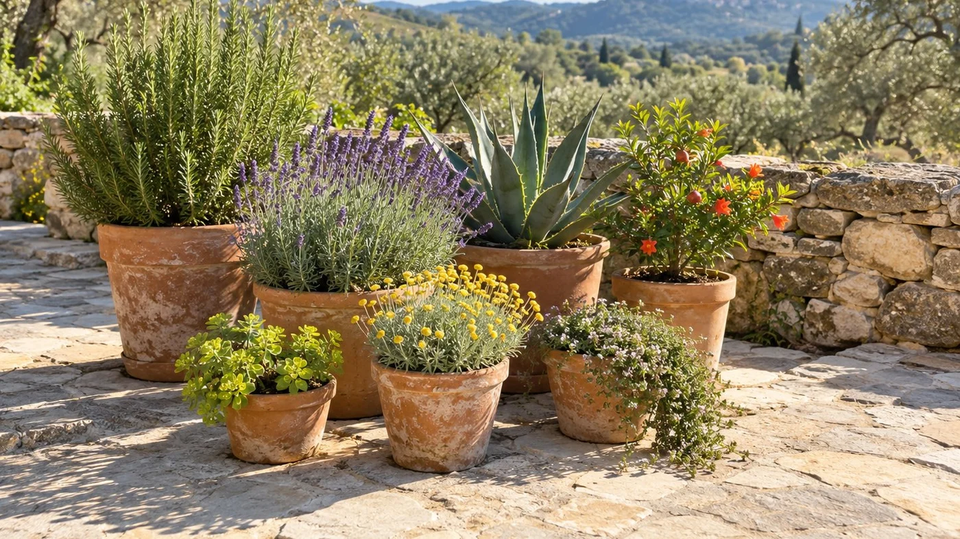 Romarin, lavande, agave, grenadier, santoline, thym et euphorbe dans des pots en terre cuite sur une terrasse en pierre au soleil