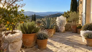 Citronnier et plantes en pot protégés par un voile d’hivernage blanc sur une terrasse en hiver